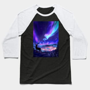 Deer Under Aurora Borealis Baseball T-Shirt